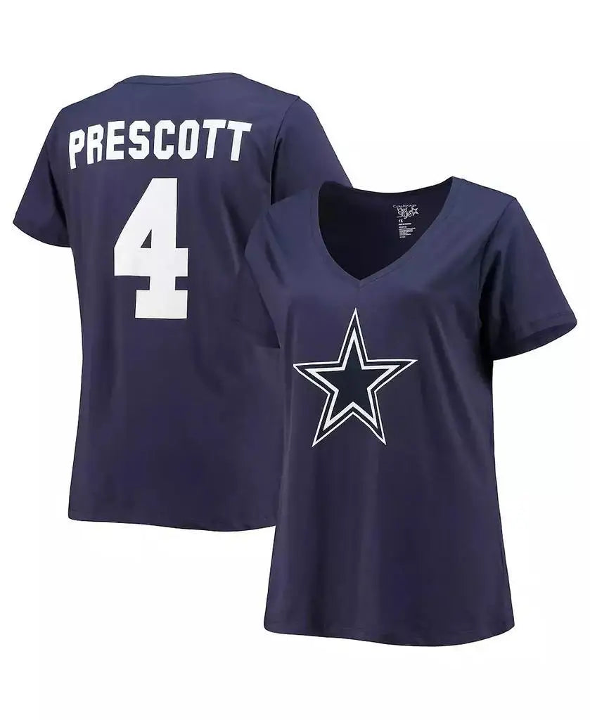 Women's Officially Licensed Dak Prescott Navy Dallas Cowboys Plus-Size V-Neck T-Shirt