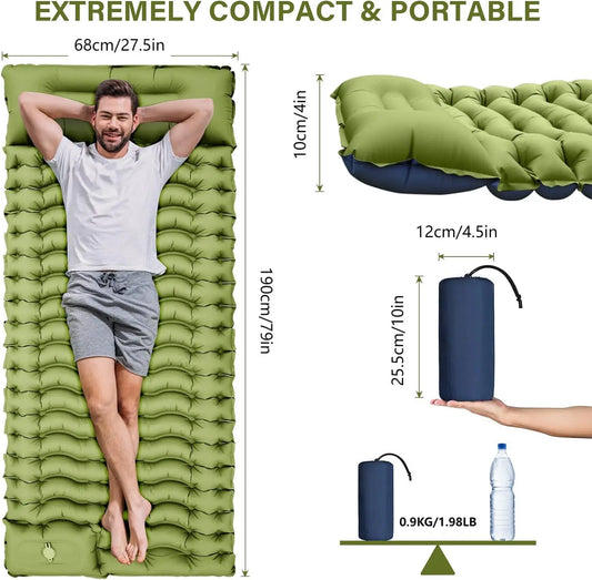 Super Thick 4-inch Inflatable Camping Sleeping Mat with Built-in Pillow and Pump