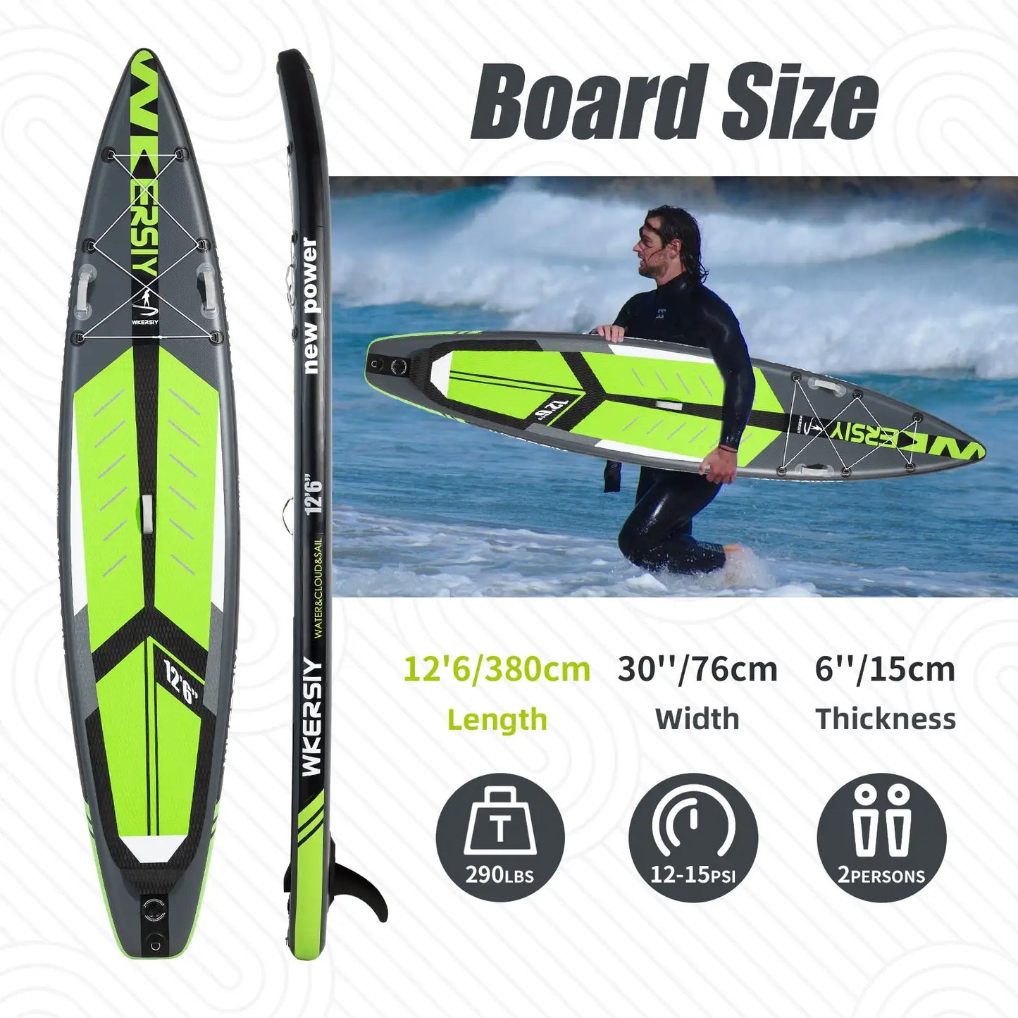 WKERSIY Inflatable Stand Up Surfboard/Paddle Board, 12ft6in, Green