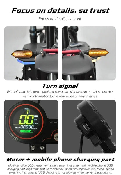 6000W 60V 50AH 11-inch Off-road Folding Electric Scooter with dual motors, removable seat & hydraulic shock absorption