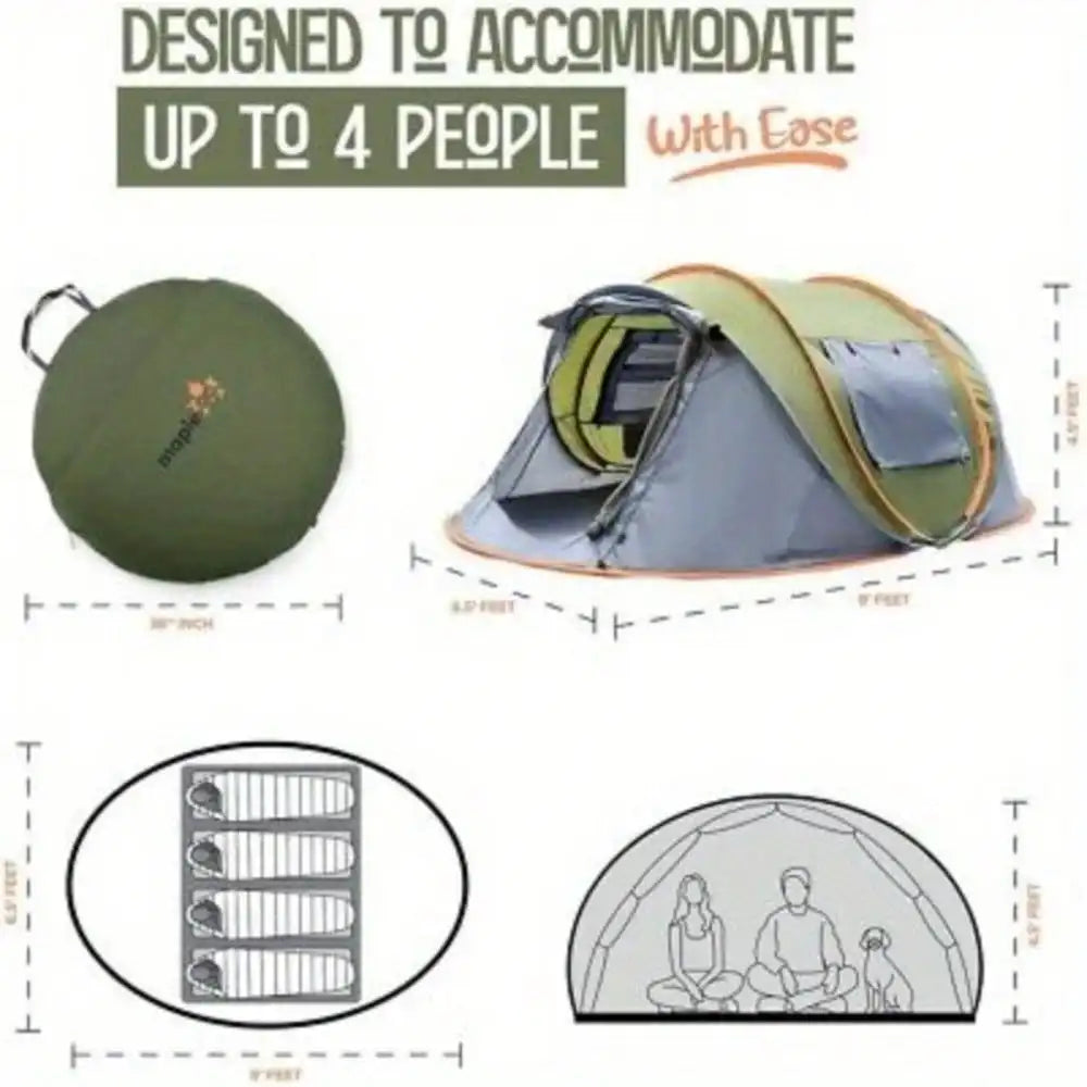 Camping Tent - 4-Person Easy Pop Up with 2 Doors - UPF50+ Waterproof