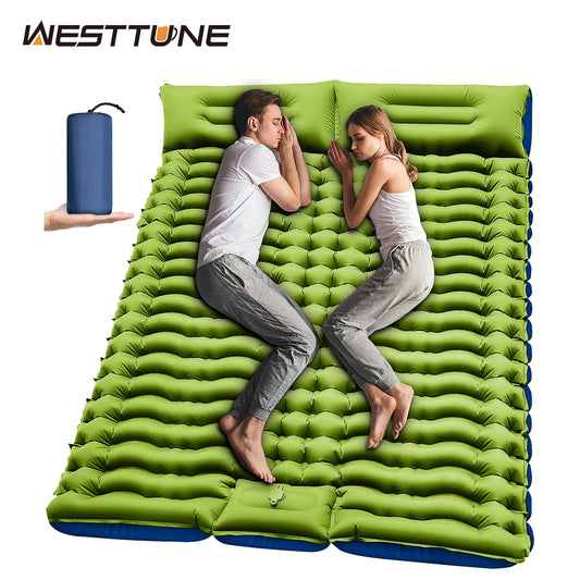 WESTTUNE Double 4" Thick Inflatable Camping Mattress Pad with Pillow & Built-in Foot Pump