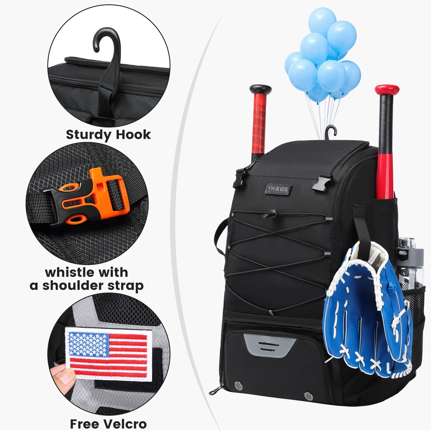 Large Capacity Baseball/Softball Equipment Bag Backpack with Shoe Compartment & Bat Bag for Youth