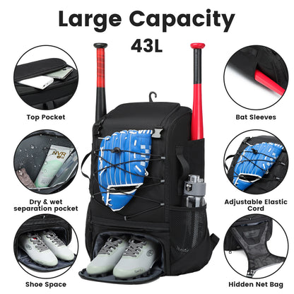 Large Capacity Baseball/Softball Equipment Bag Backpack with Shoe Compartment & Bat Bag for Youth
