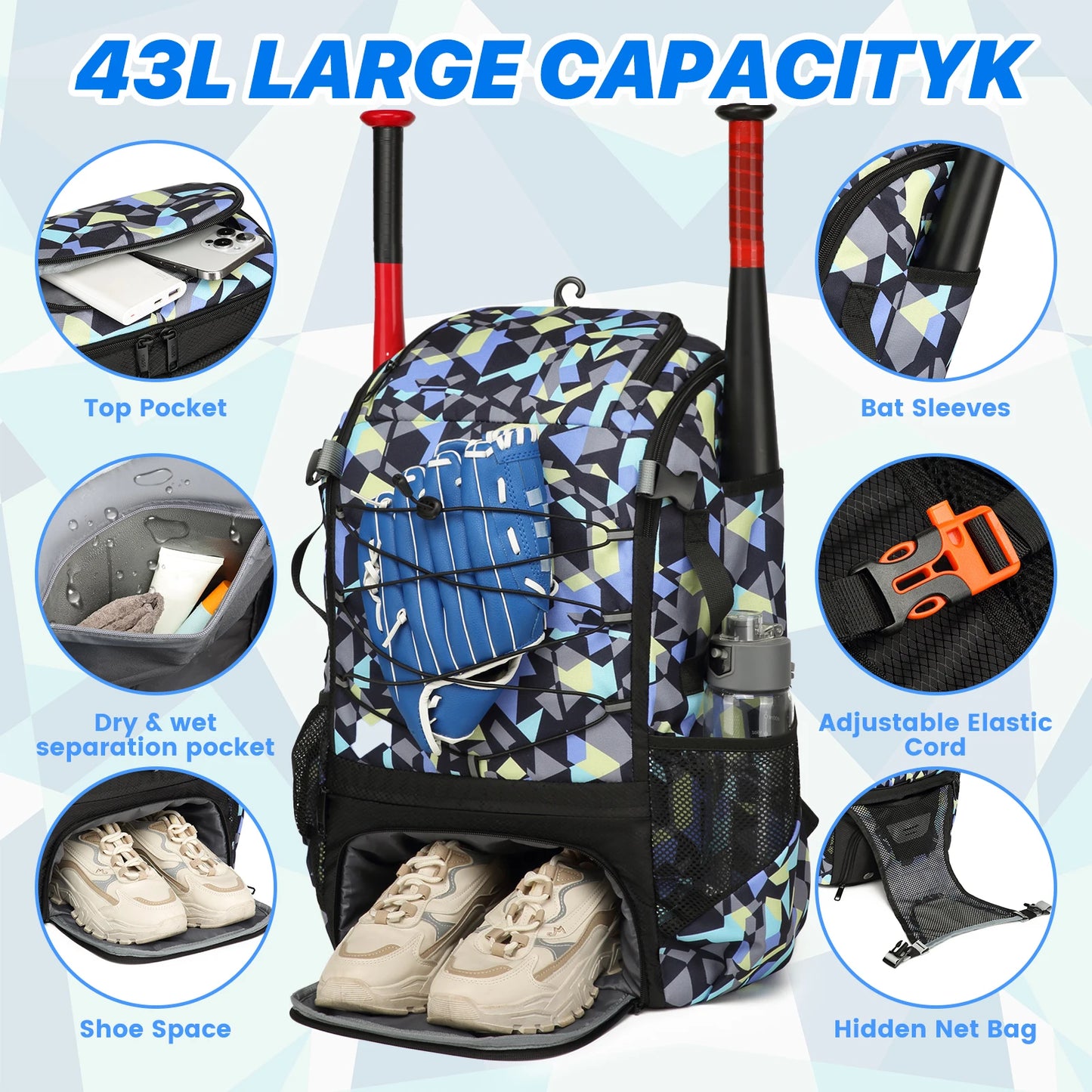 Large Capacity Baseball/Softball Equipment Bag Backpack with Shoe Compartment & Bat Bag for Youth