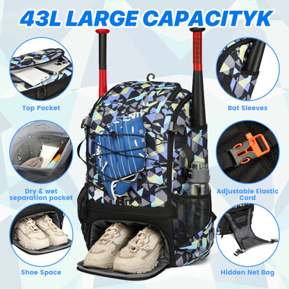 Large Capacity Baseball/Softball Equipment Bag Backpack with Shoe Compartment & Bat Bag for Youth