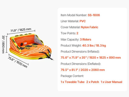 3 or 4 Rider Capacity Inflatable Towable Tube, Holds Up To 680lbs